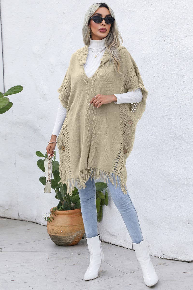 CWOSWL6438_V-NECK FRINGED HOODED MID-LENGTH CAPE KNITTED TOP