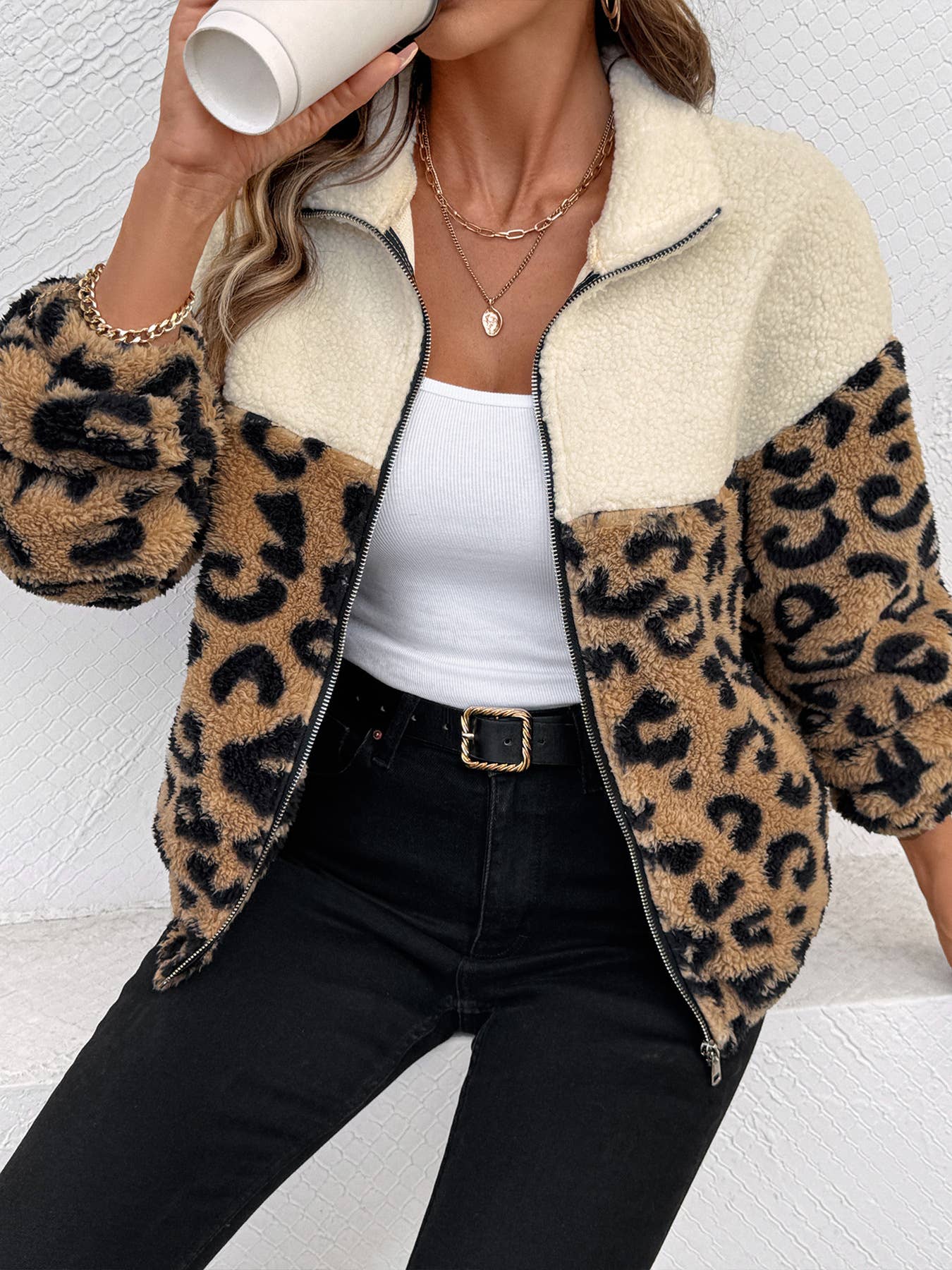 Leopard print color-blocked polar fleece coat