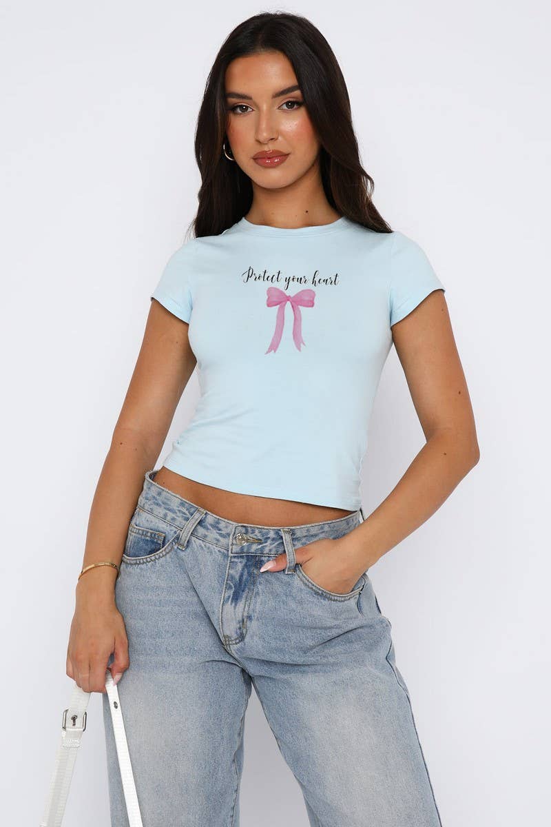 Cwtts1572_Printed Crew Neck Slim Fit Crop Top Tee