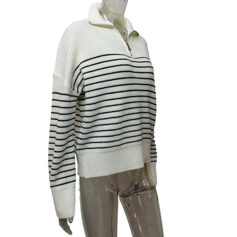 Simple striped lapel half-zipper sweater