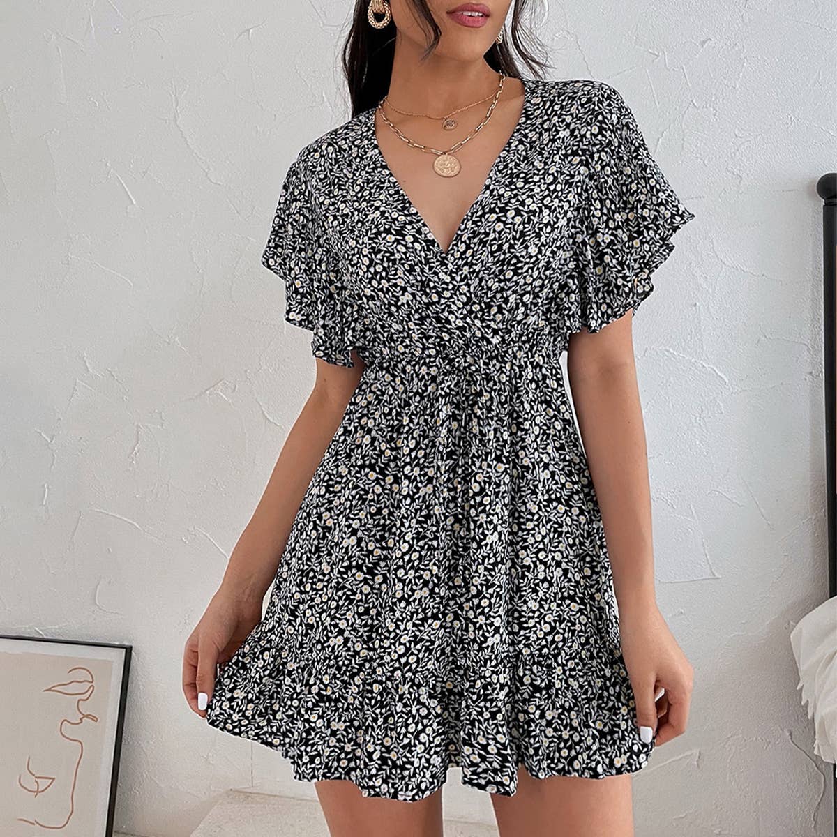 PINCHED WAIST FLORAL V-NECK CHIFFON BEACH DRESS