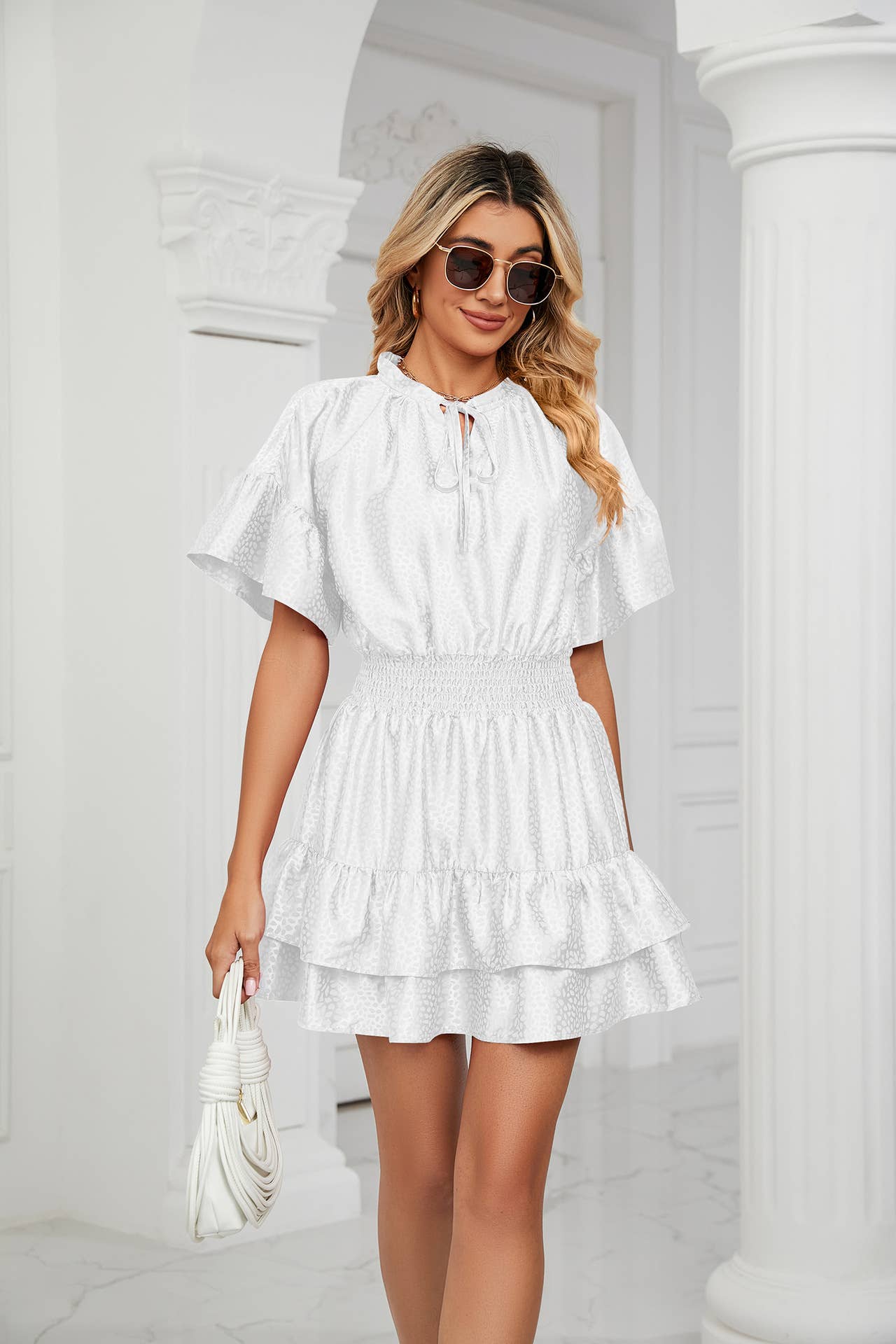 SATIN WAISTLINE V-NECK RUFFLED SKIRT DRESS