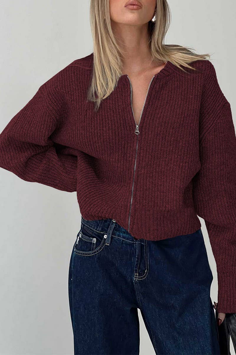 CWOSWL07497_CASUAL SIMPLE LONG SLEEVE ZIP KNIT SWEATER