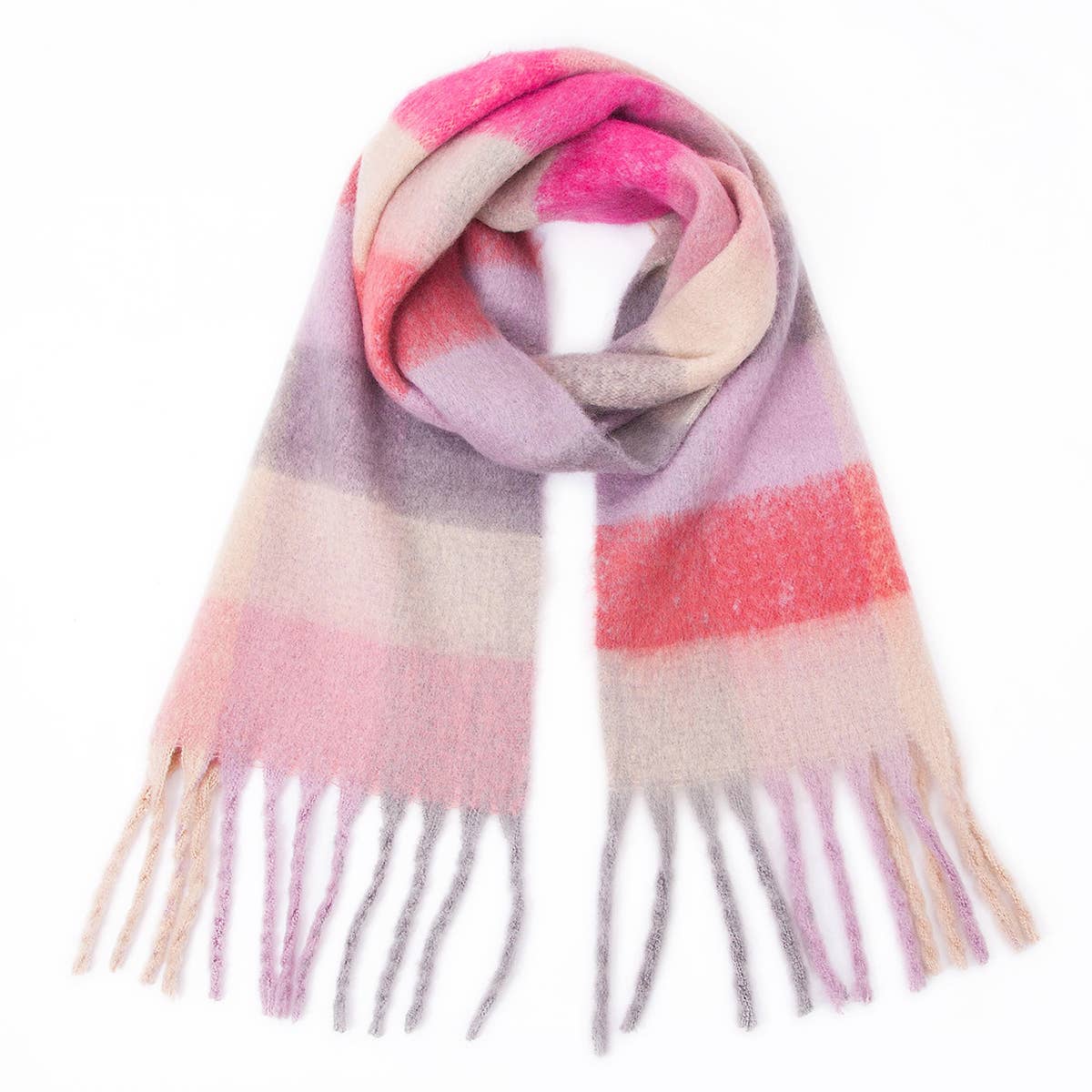 Chunky Plaid Mohair-Look Scarf with Fringes