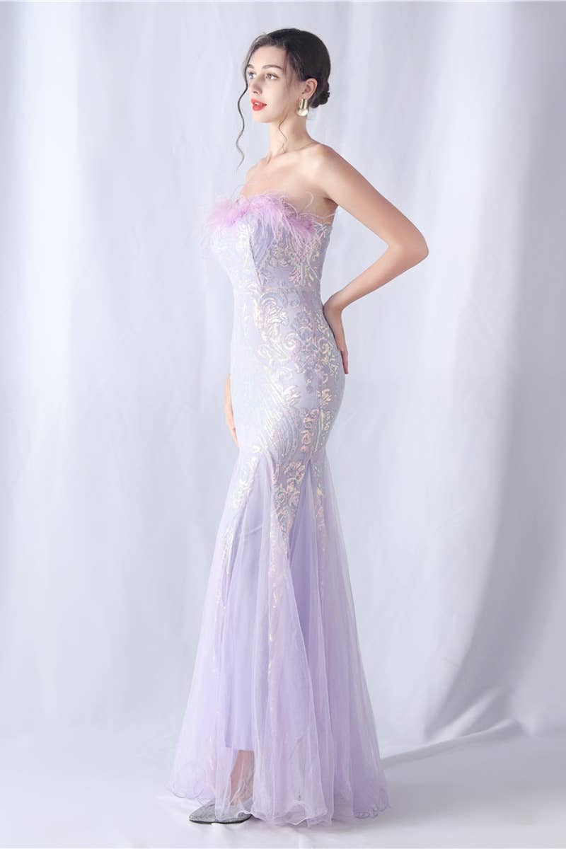 CWDMD3628_FURRY STRAPLESS SEQUIN EVENING DRESS LONG