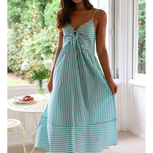 Stylish loose V-neck striped halter swing dress
