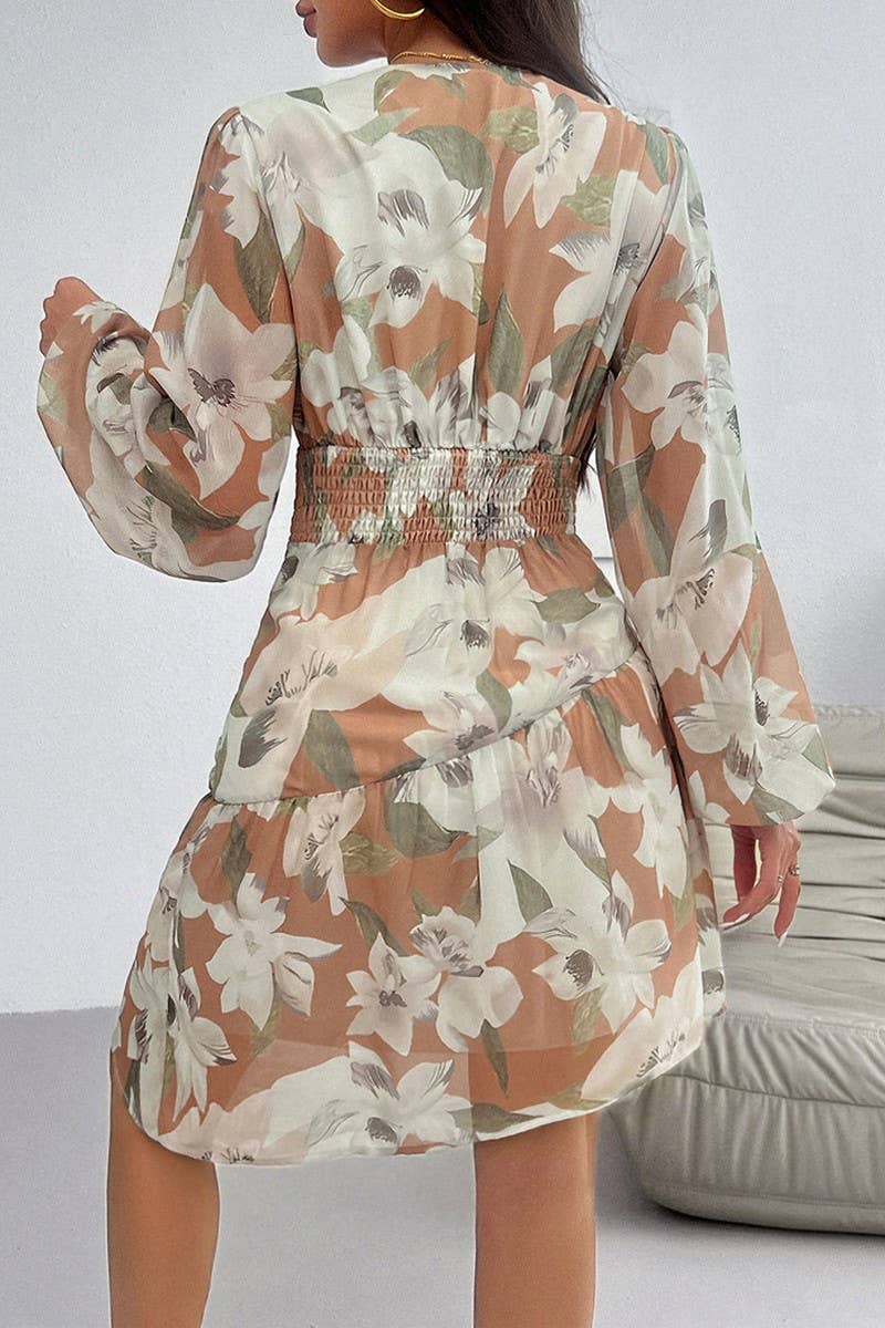 CWDSD6495_V-NECK PRINTED WAIST LONG-SLEEVED DRESS
