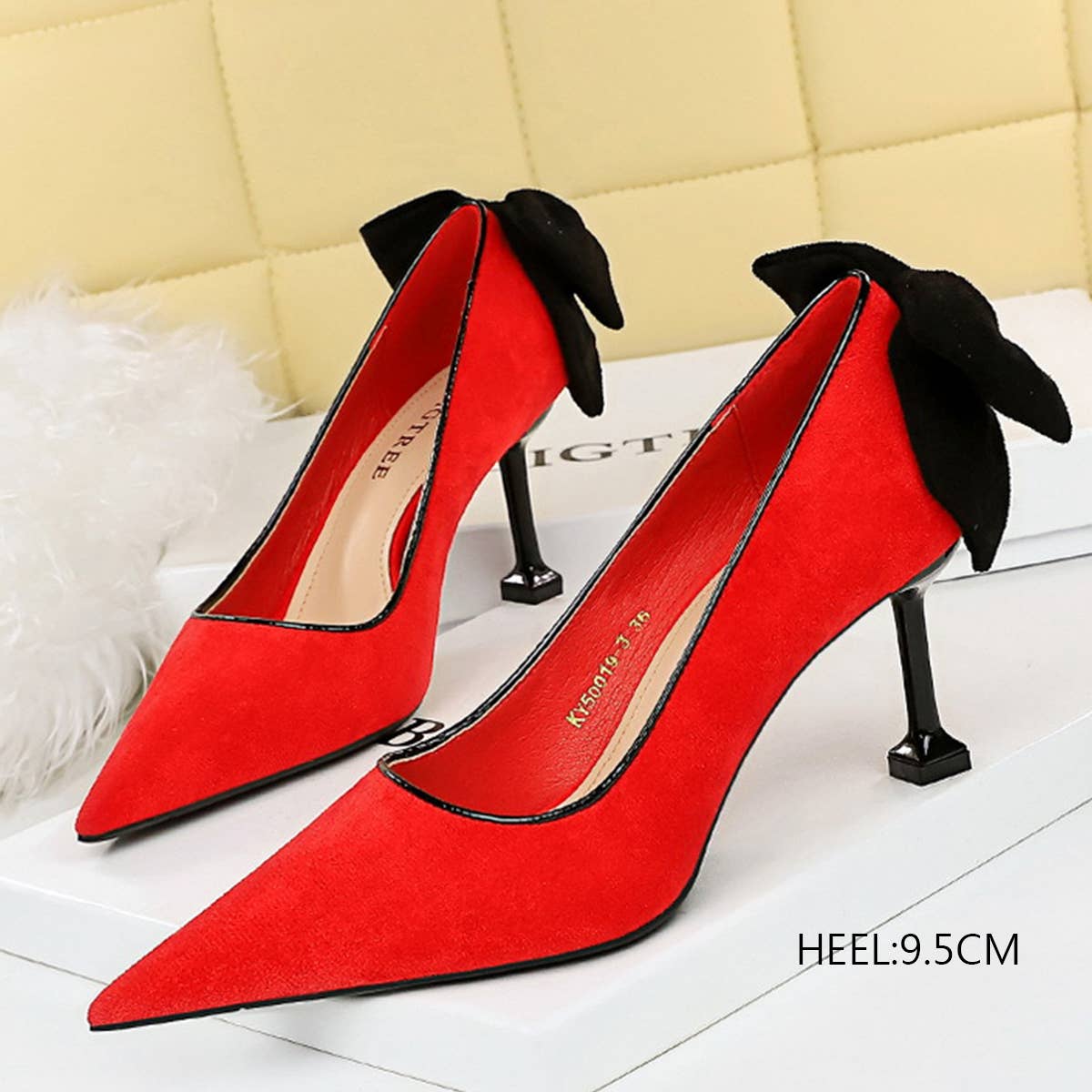 WOMEN SUEDE SHALLOW POINTED TOE BOW HIGH HEELS