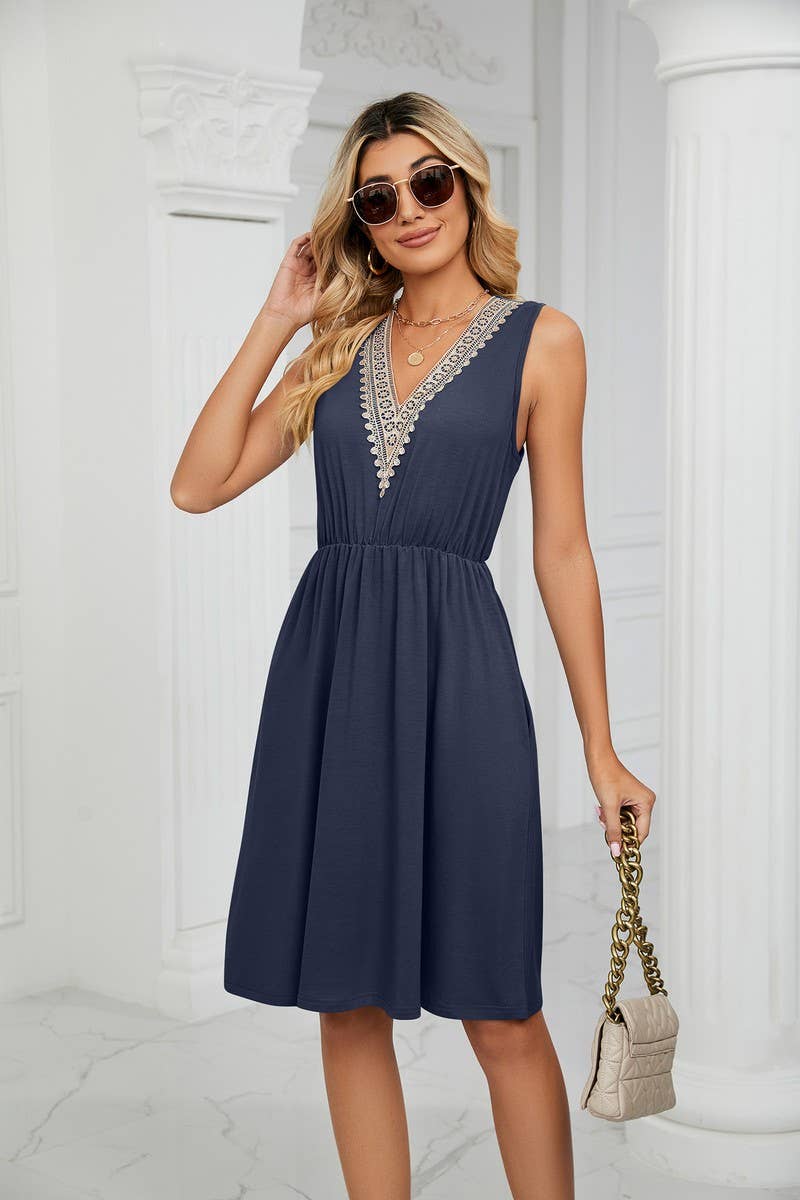 CWDSD3116_V-Neck Lace Trim Sleeveless Dress