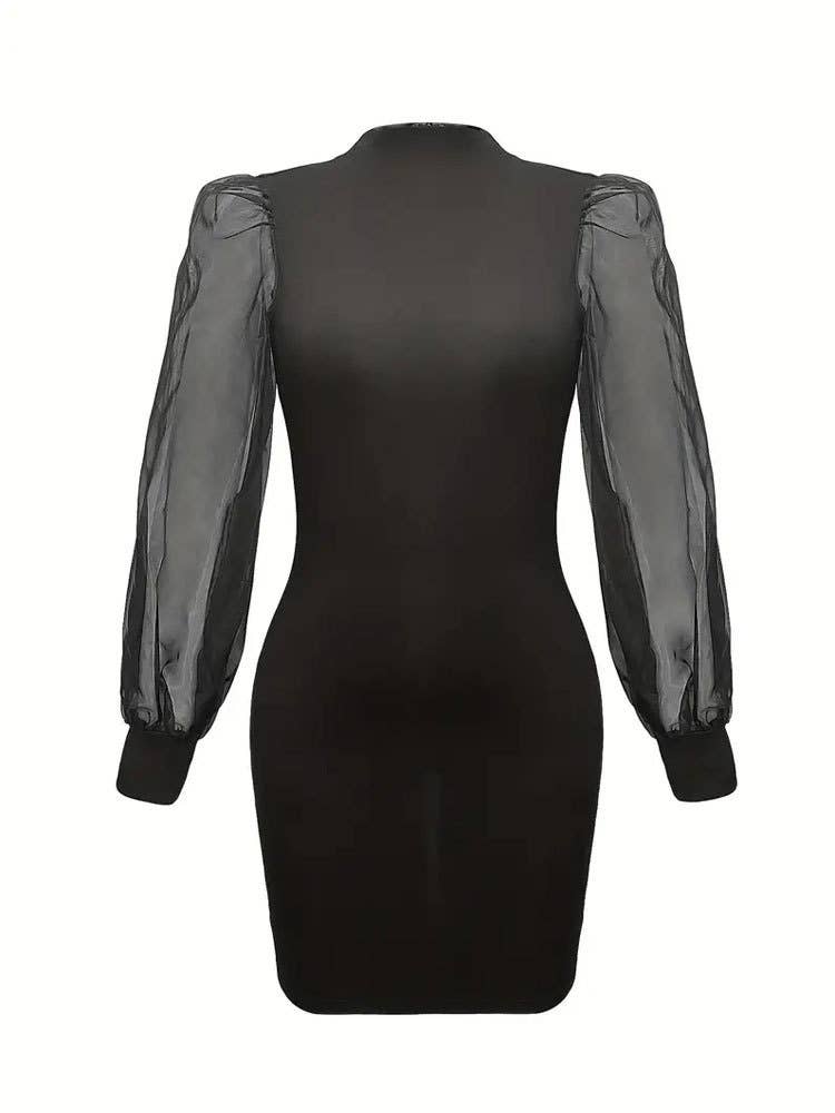 Stand-up collar lantern sleeve wrap hip dress