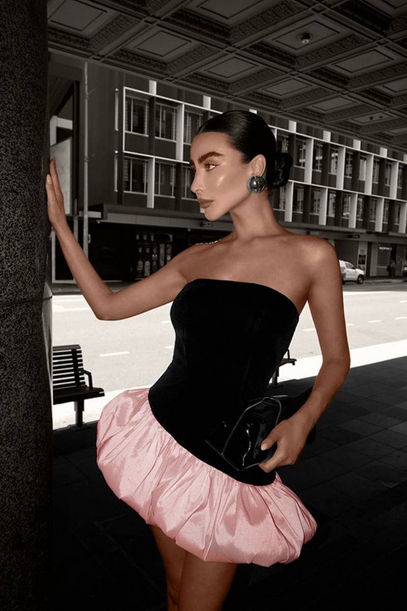 CWDSD8902_ELEGANT TUBE-TOP SLEEVELESS PATCHWORK PUFFY DRESS