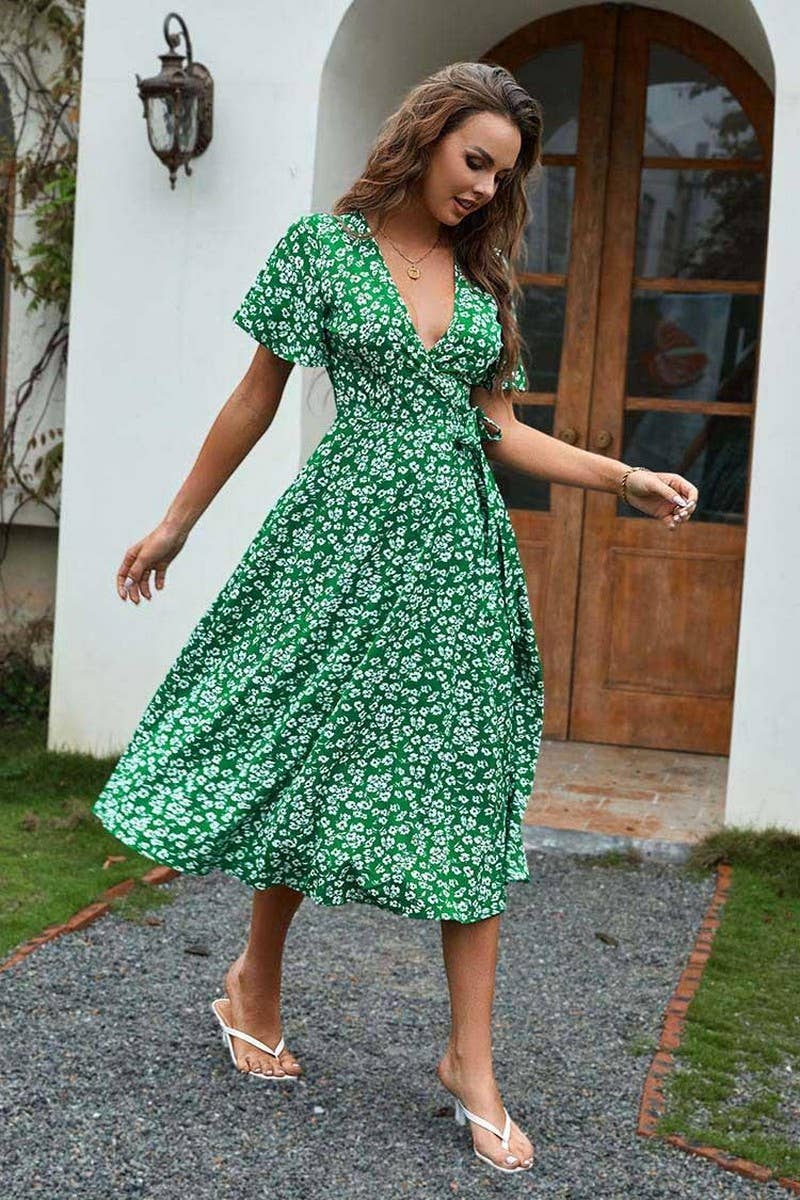 CWDMD4130_PRINTED V-NECK TIE HIGH WAIST MIDI DRESS