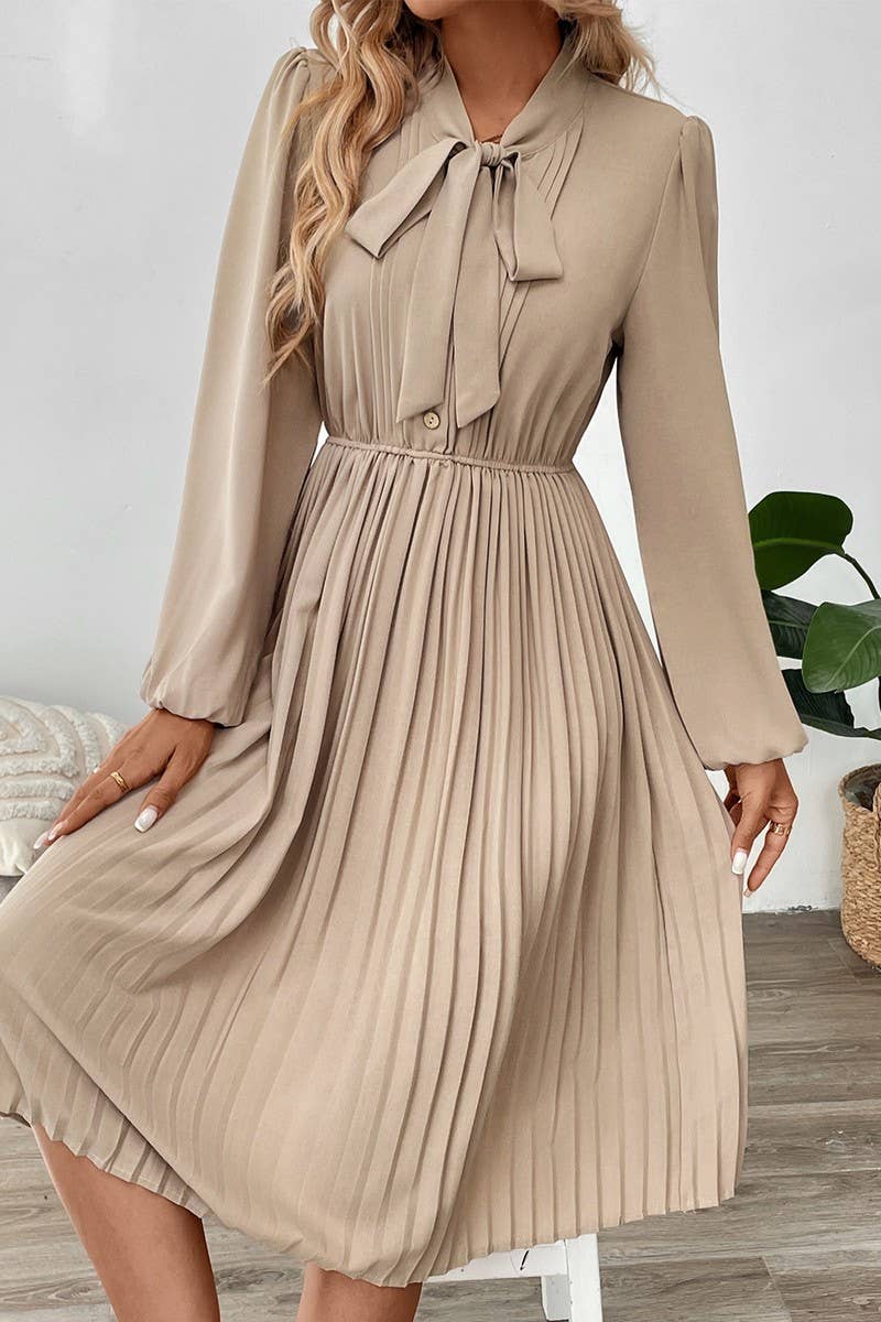 CWDMD4797_SPRING AND AUTUMN BOW TIE PLEATED DRESS