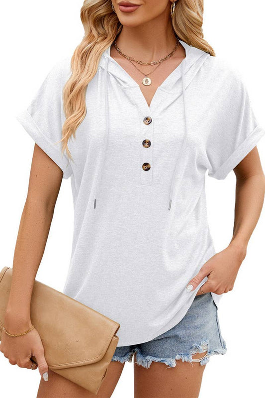 Cwtts1350_Summer Solid Color Hooded Button Short Sleeves