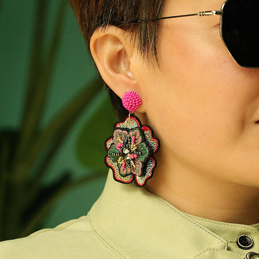 Embroidered Crystal Flower Earrings
