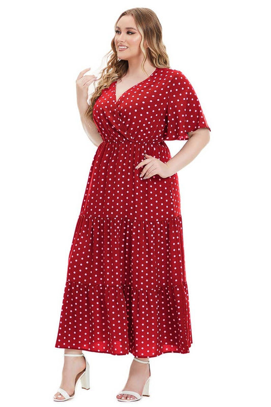 CWDMD3210_PLUS SIZE V-NECK POLKA DOT SHORT SLEEVE DRESS