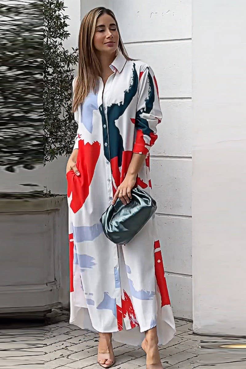 WOMEN COLLARED MARBLE PRINT COZY SHIRTS DRESS_CWDMD0719