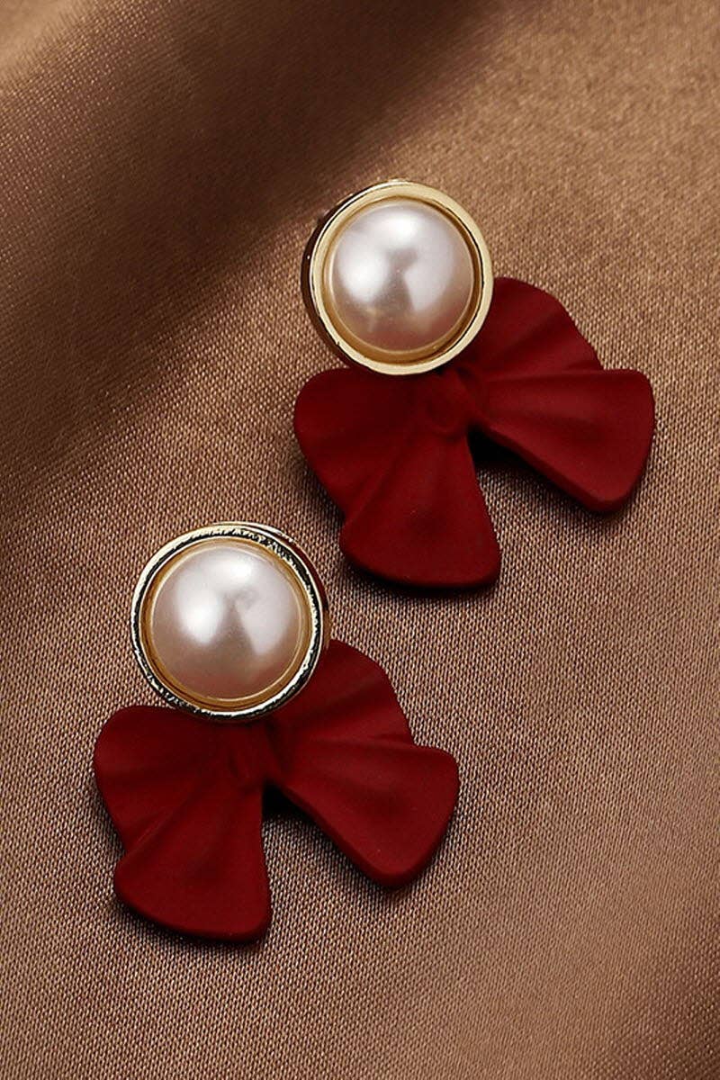 SILVER NEEDLE WINE RED BOW PEARL EARRINGS_CWAJE179