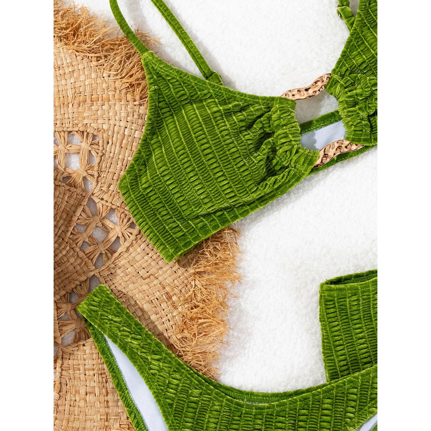 Metal Ring Bikini Set - Green 3 Piece Swimsuit