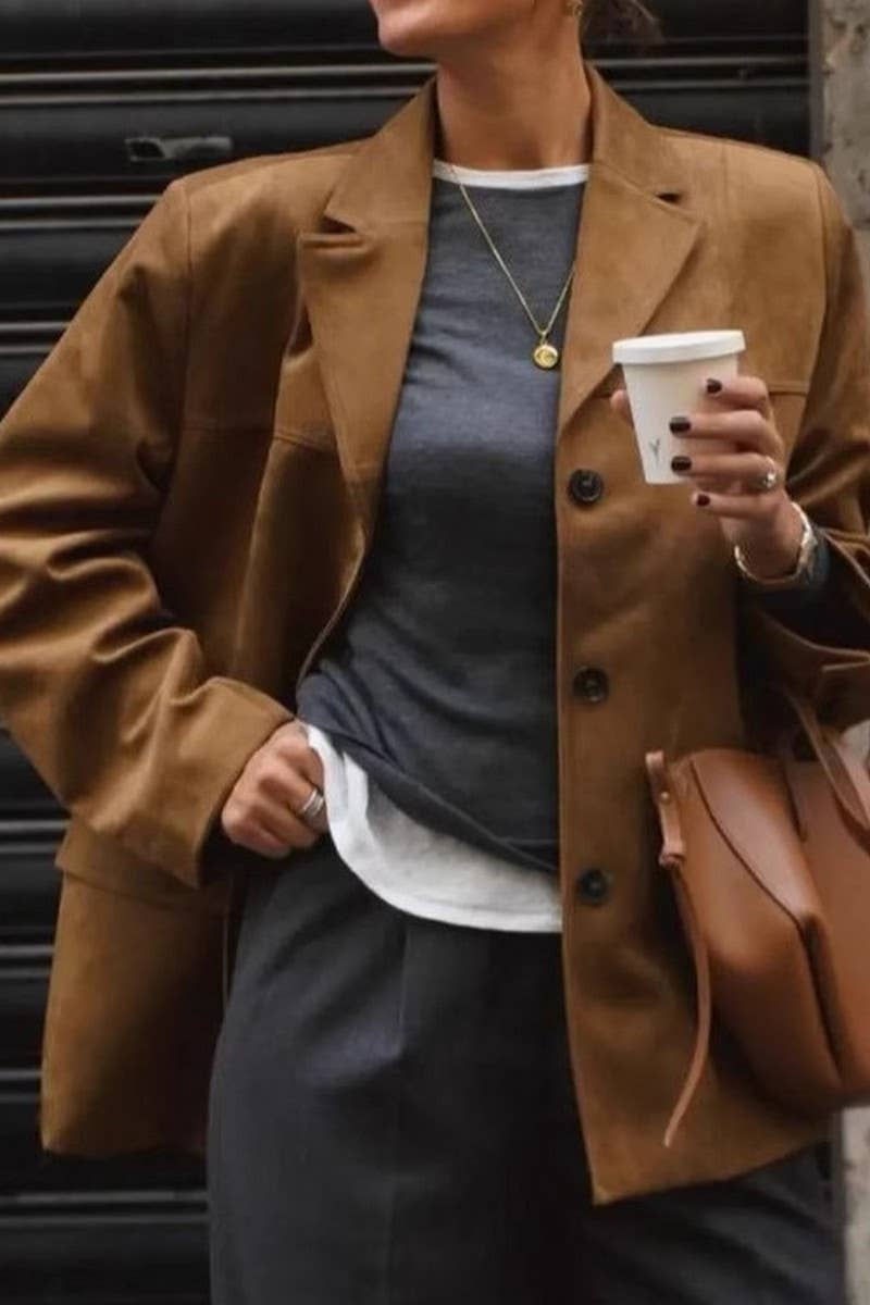 CWOCO0962_BROWN FROSTED VELVET VINTAGE LAPEL LOOSE COAT