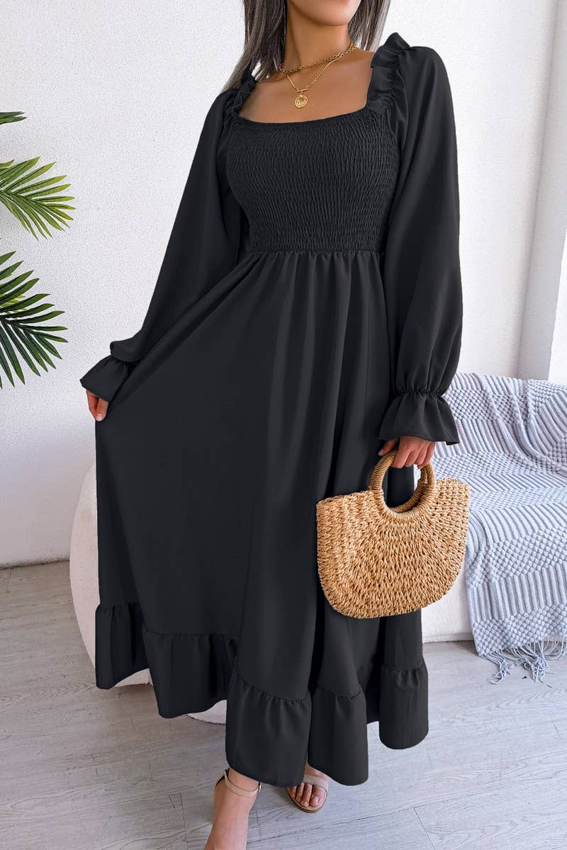 SQUARE NECK LARGE SWING FLOUNCES LONG DRESS_CWDMD1165