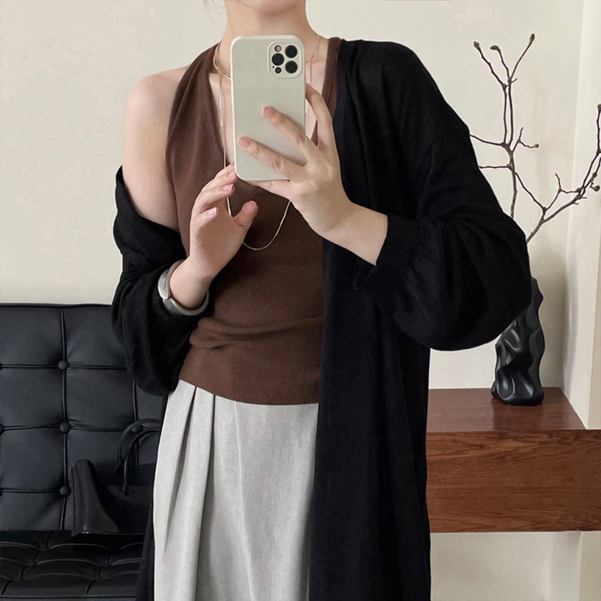 Long sleeve long wool knit cardigan without button