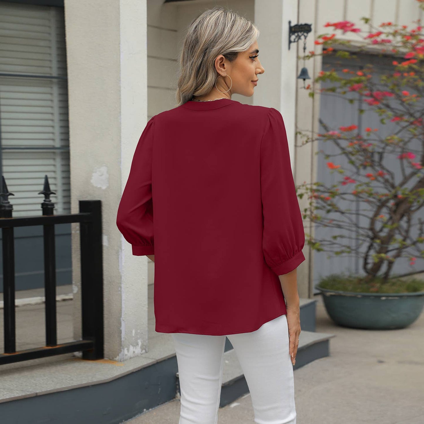 V-neck seven-point sleeve solid color chiffon