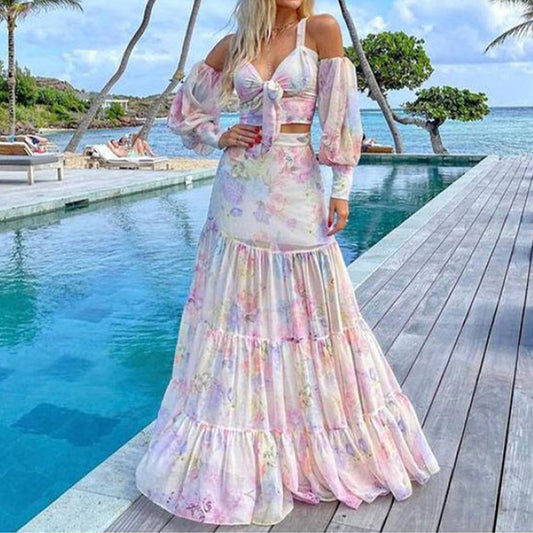 A cinched waist printed large swing halter dress