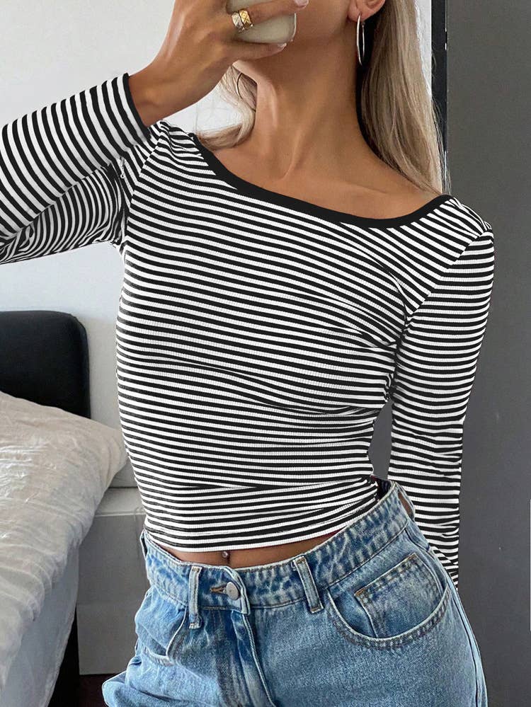 Y2K STRIPED COLOR CONTRAST BACKLESS T-SHIRT