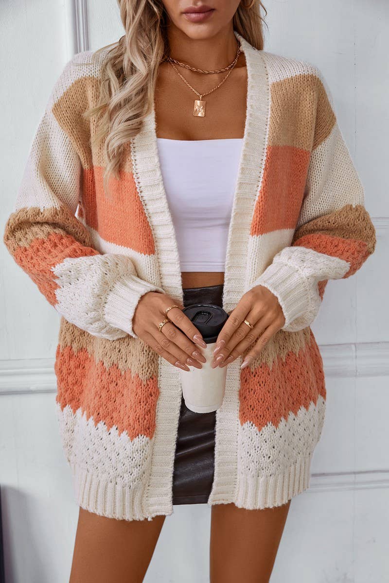 CWOCAL0834_CONTRAST COLOR STRIPED KNITTED CARDIGAN
