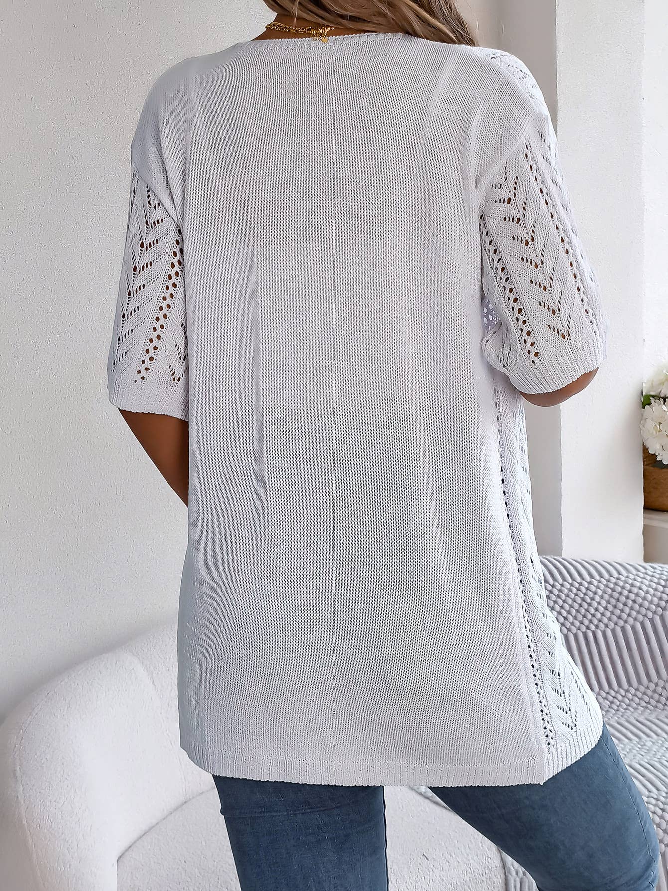 HOLLOW-OUT SHORT-SLEEVED KNIT SUNSCREEN SHIRT