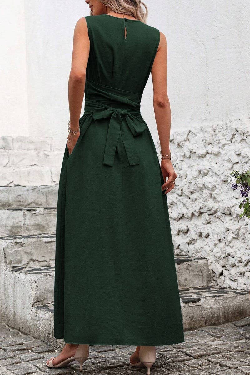 CWDMD5873_SOLID SLEEVELESS TIE WAIST CASUAL TANK DRESS