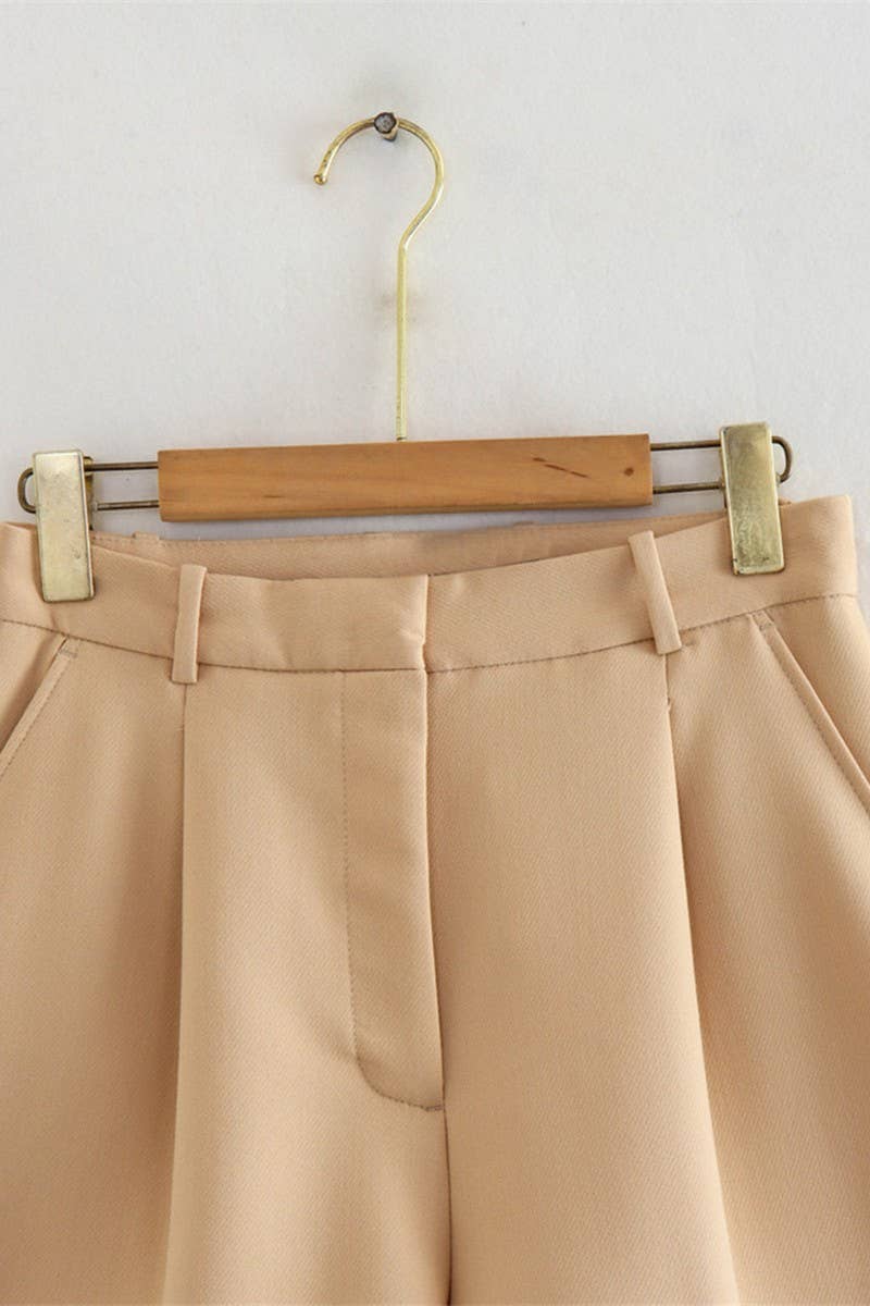 CWBSP0423_SOLID COLOR HIGH WAIST PLEATED CASUAL SHORTS