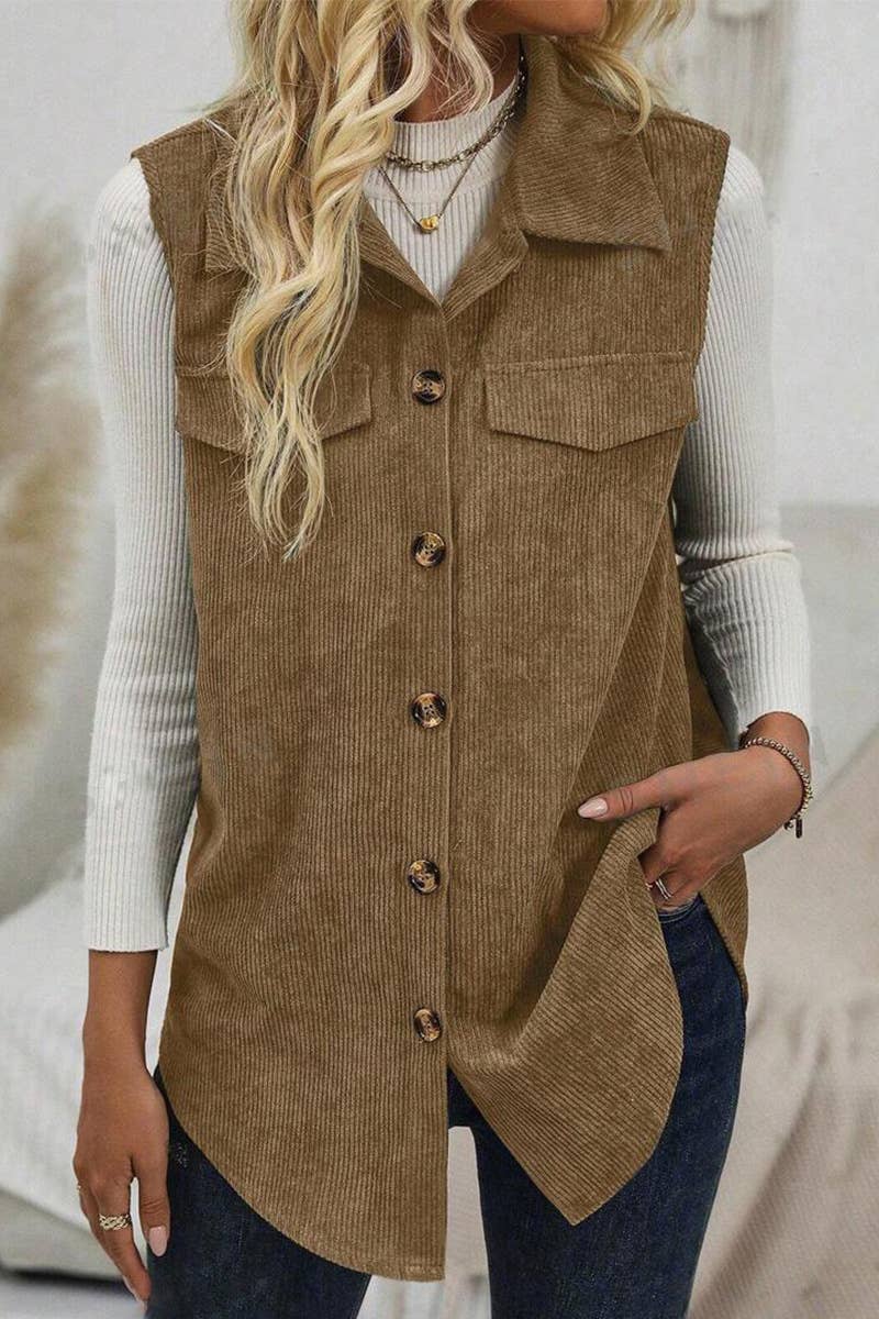 FLAP DETAILS BUTTON FRONT CORDUROY VEST COAT