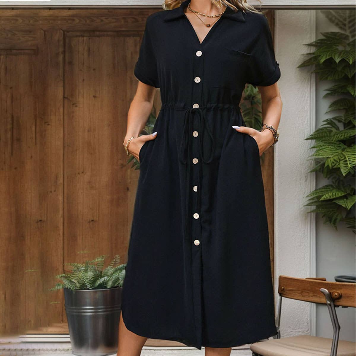 Long shirt dress with lapel lace-up waist