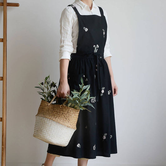Flowers Embroidered cotton linen apron with pockets