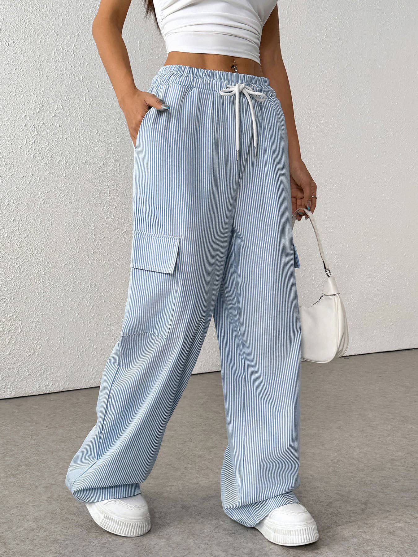 Versatile high-waisted striped wide-leg pants