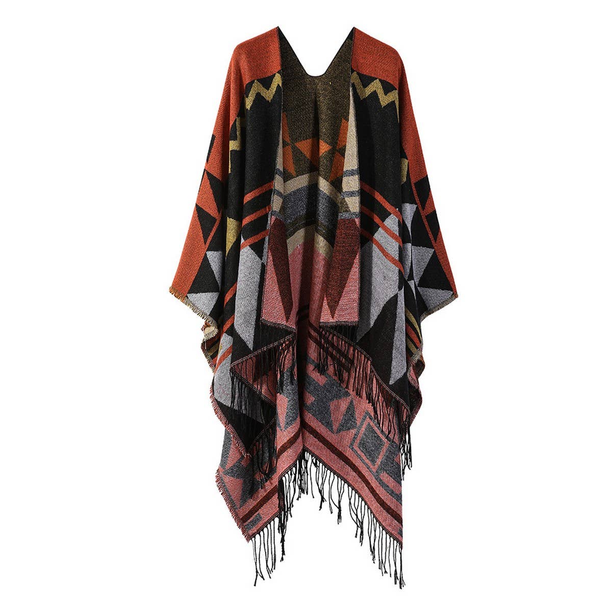 FRINGED GEOMETRIC PATTERN SHAWL SLIT CAPE SCARF