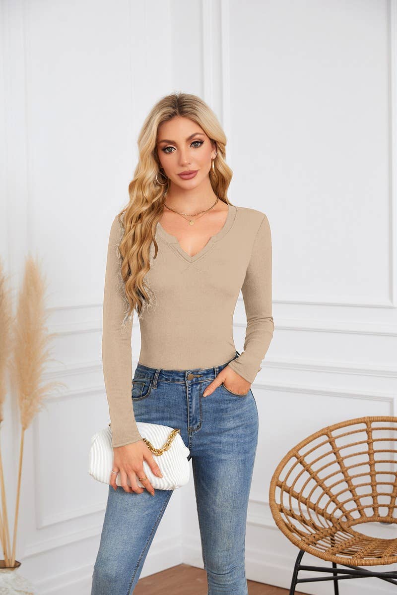 Long sleeve jumper with deep U neck and cross neckline
