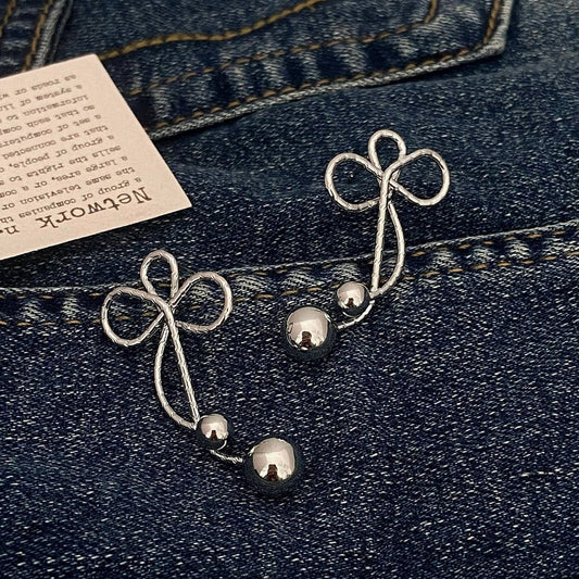 GEOMETRIC TWISTED FLOWER PEARL TASSEL BOW EARRINGS