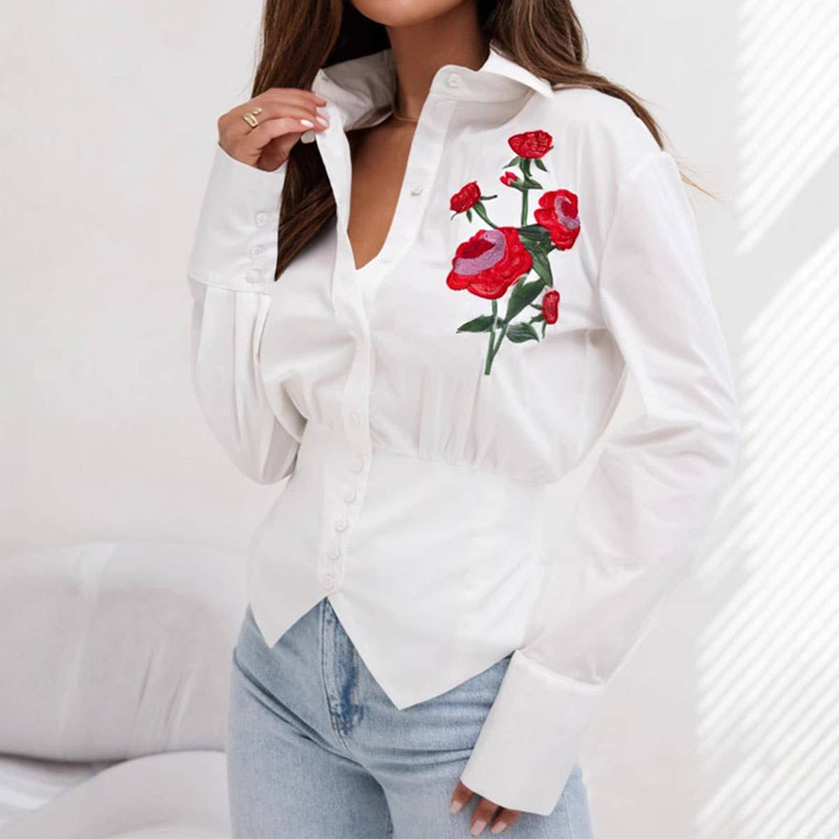 EMBROIDERED ROSE TAPE WAISTBAND DESIGN SHIRT