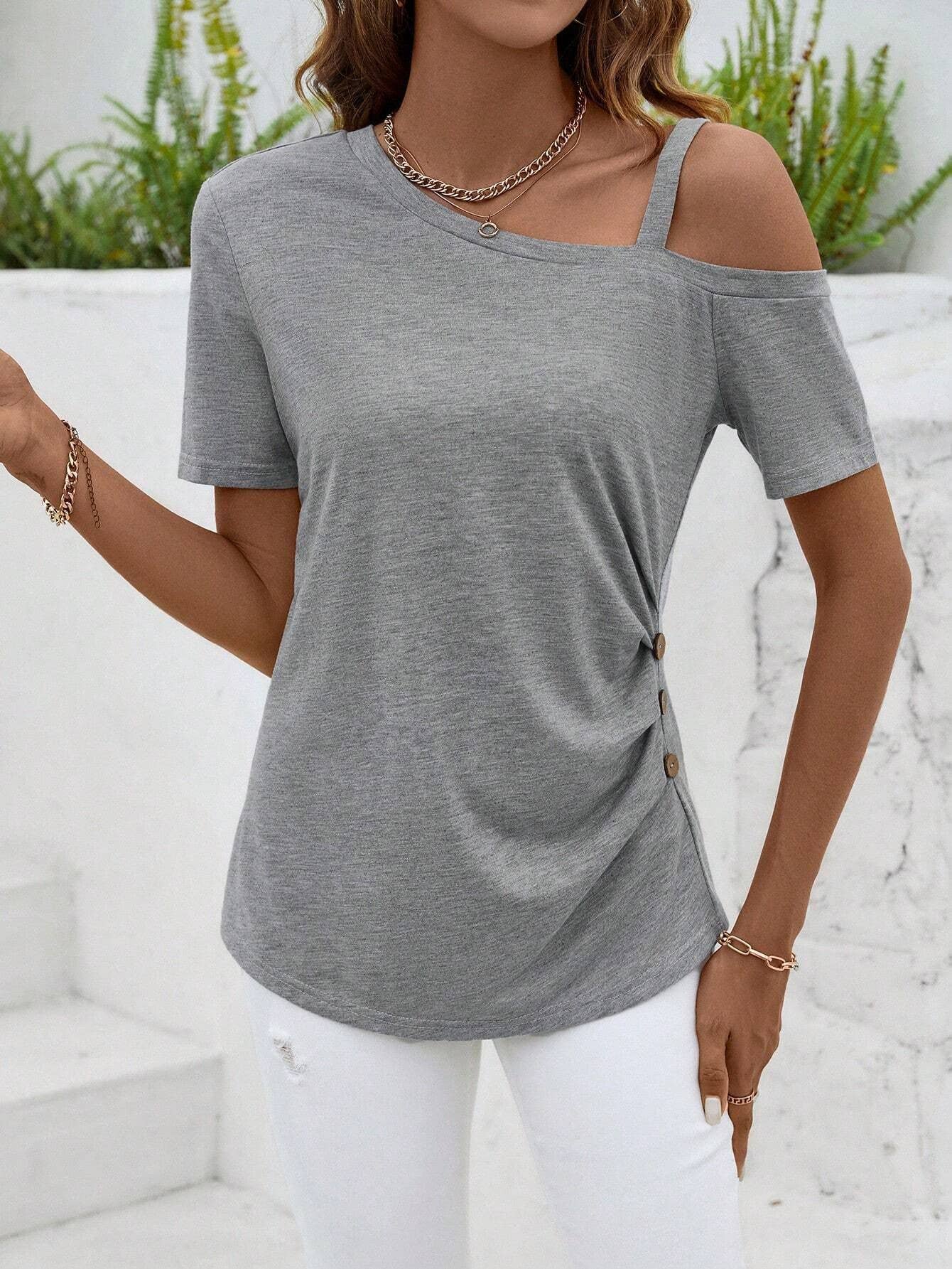 SIDE PLEATED DESIGN WITH SHOULDER HOLLOWOUT TSHIRT