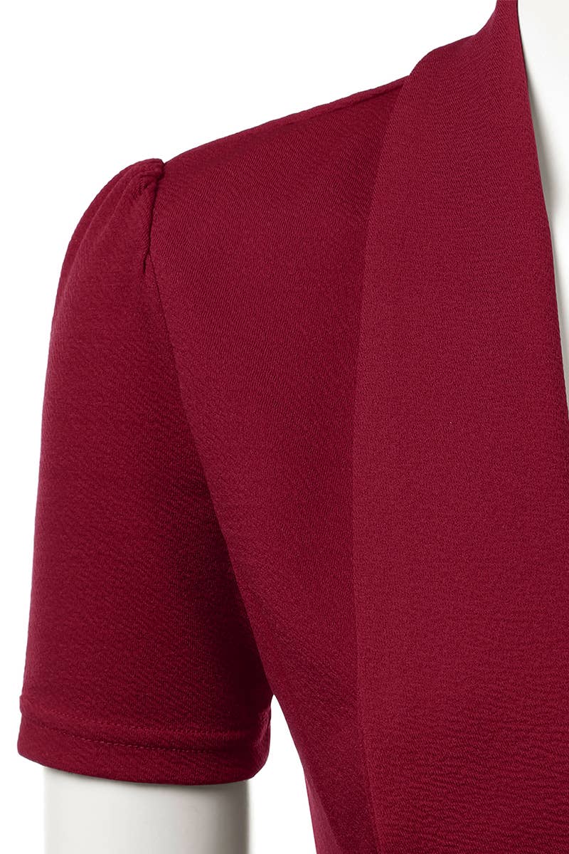 CWOBL095-P_Short Sleeve Open Front Draped Ruffles Blouses