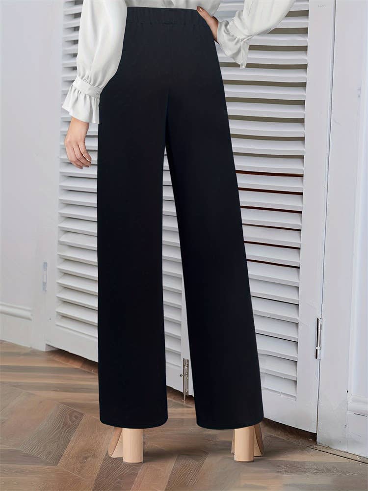 Solid color button-knit stretch wide-leg pants