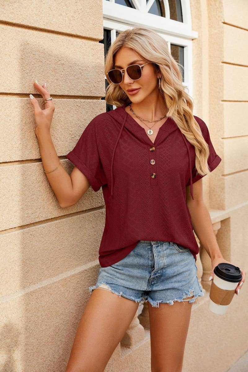 SOLID COLOR BUTTON DOWN SHORT SLEEVE HOODIE_CWOHOS0013