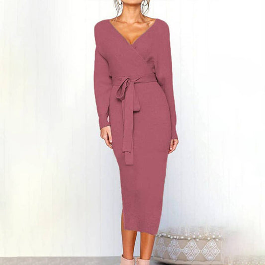 SEXY V-NECK LACE-UP LONG-SLEEVED DRESS