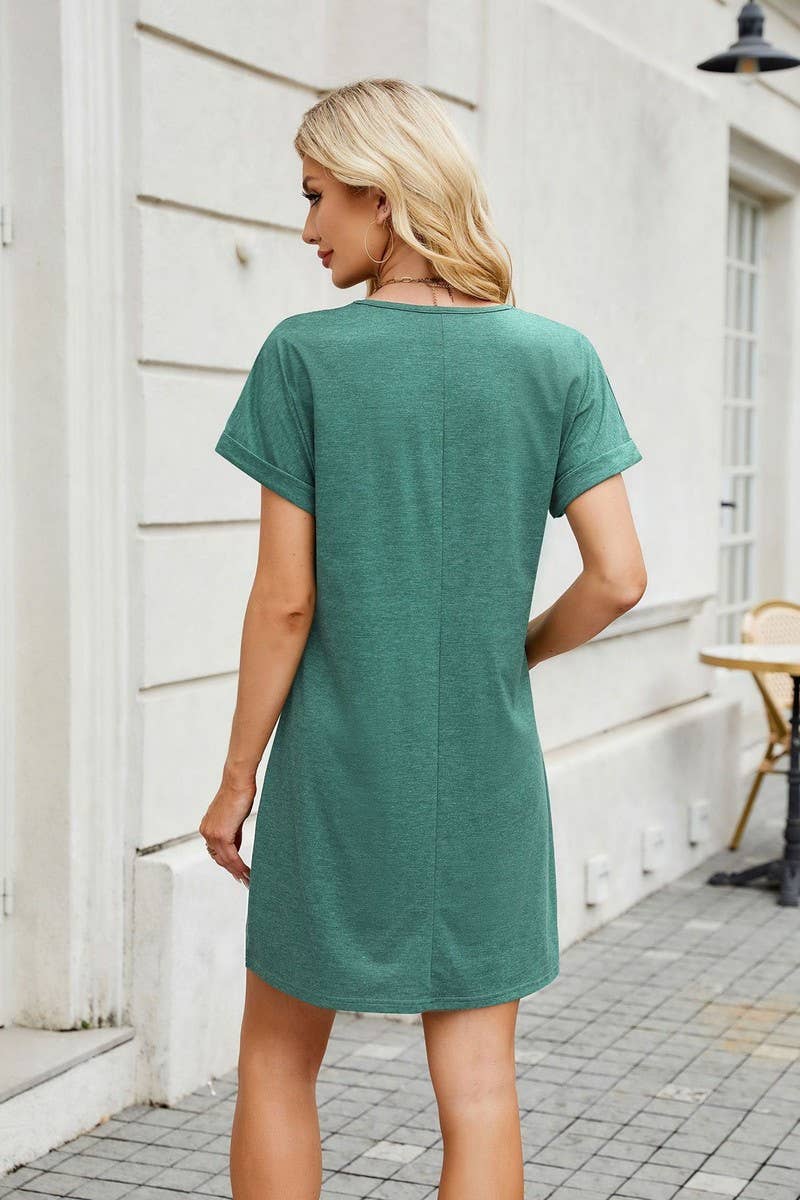 CWDSD8715_V-NECK COLORBLOCK SHORT SLEEVE CASUAL DRESS