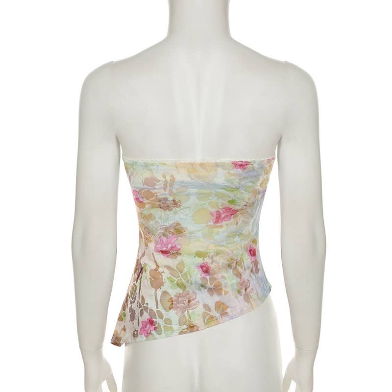 Vacation-style floral print irregular strapless