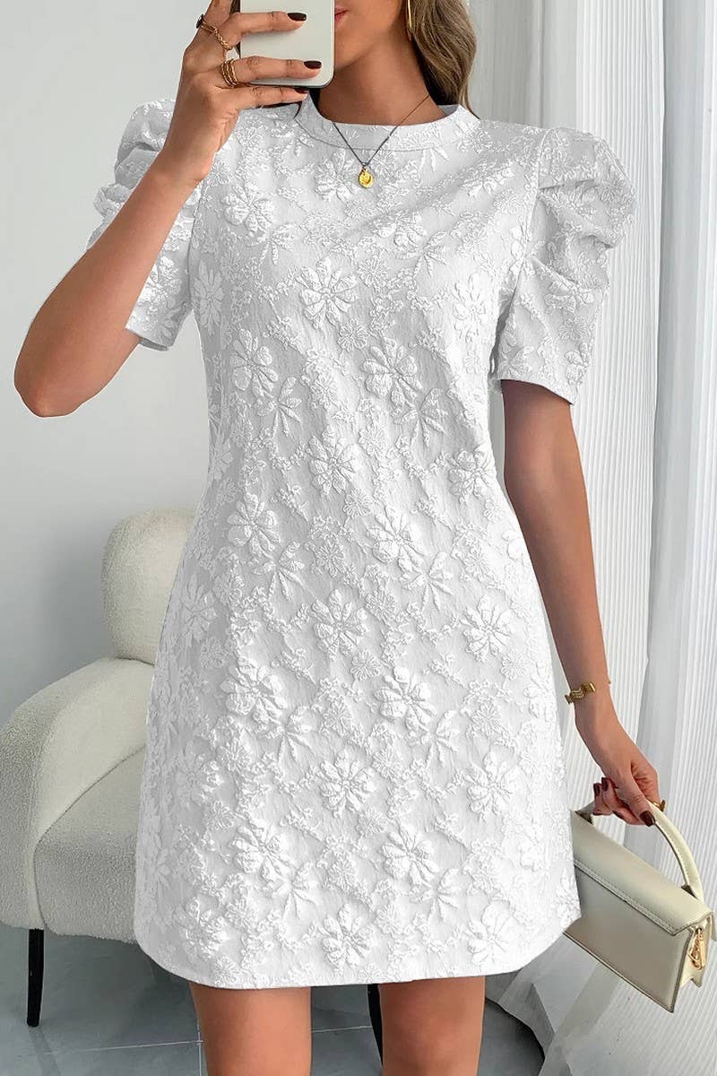 CWDSD8263_TEXTURED JACQUARD PUFF SLEEVE VINTAGE DRESS