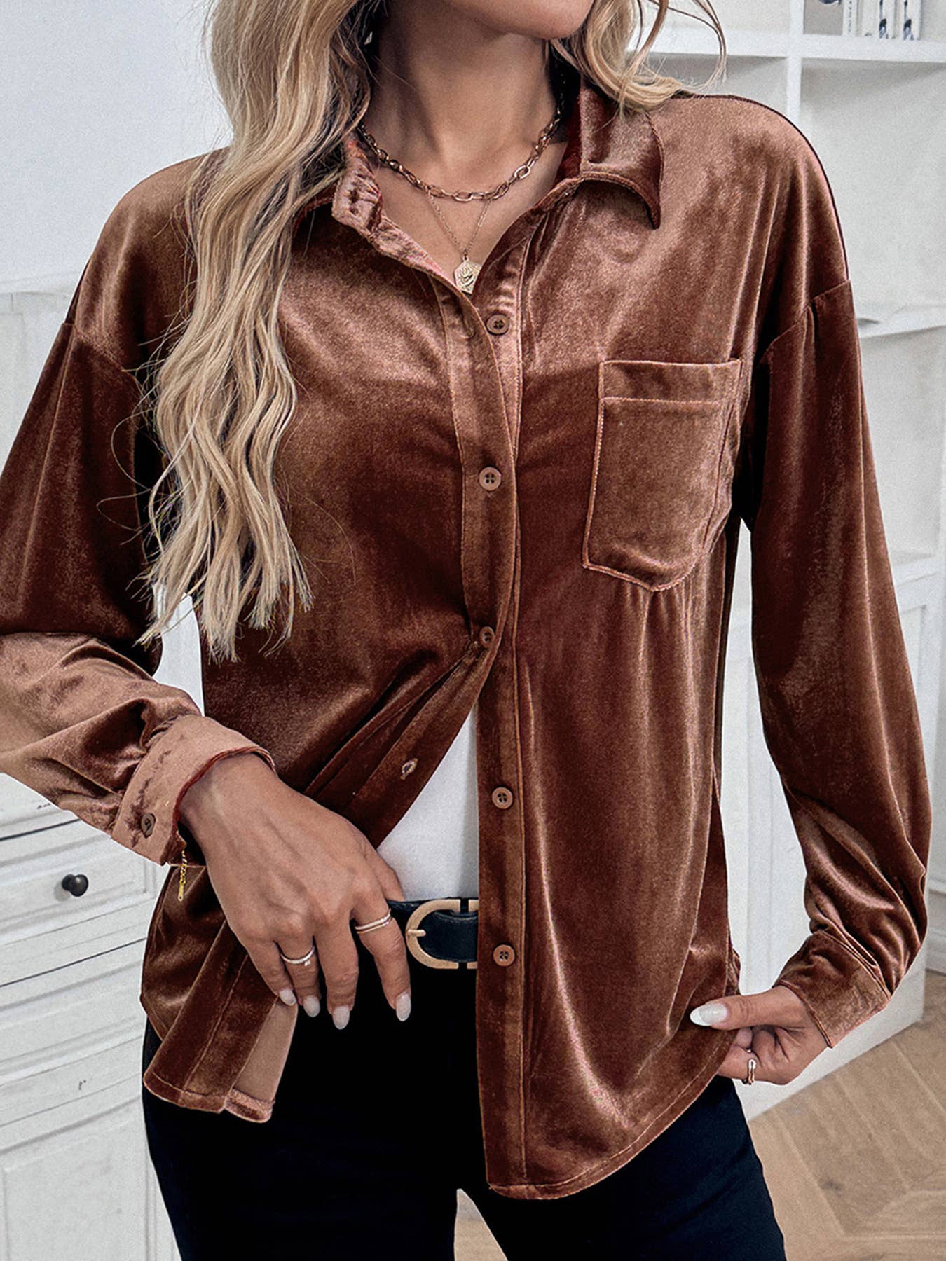 LONG SLEEVE LAPEL VELVET SINGLE-BREASTED SHIRT